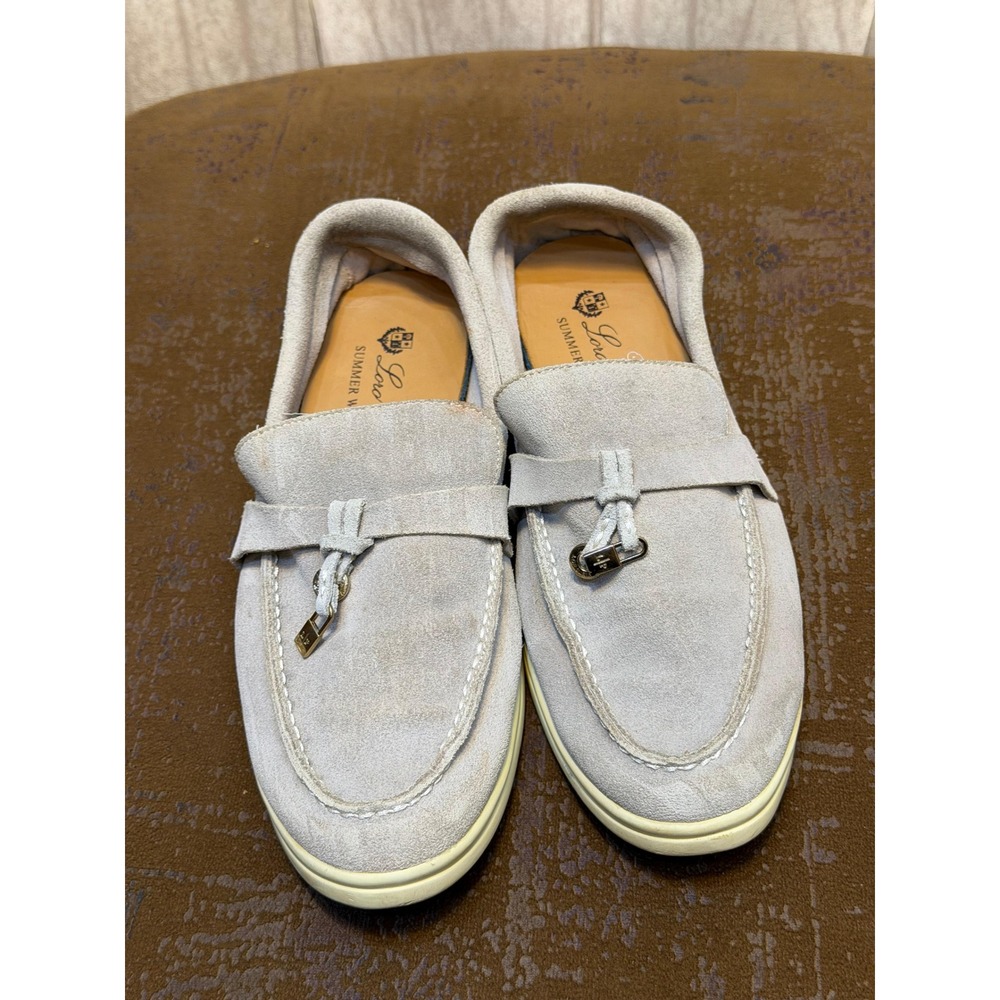 Loro Piana Summer Walk Suede Loafers Pearl Grey Beige Womens IT 36 Made in Italy